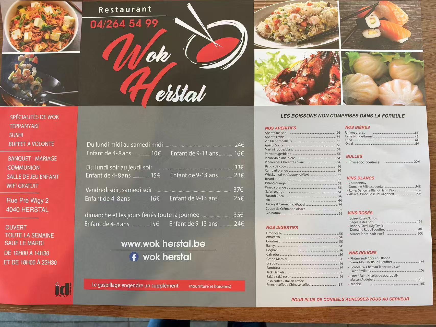 Carte des formules et boissons Wok Herstal